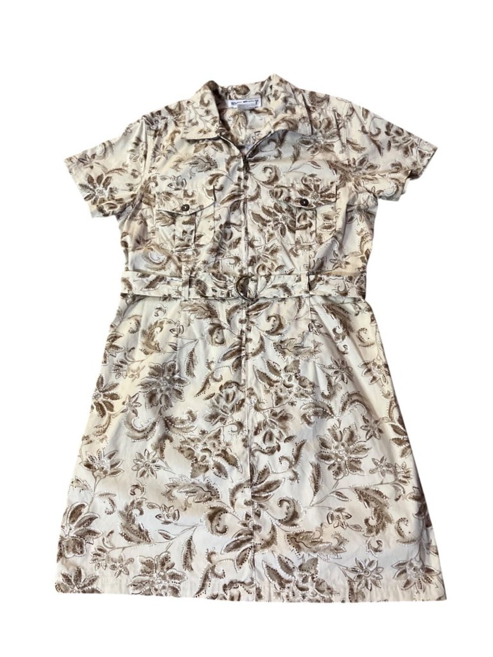 Vintage White Stag Cotton Dress 12 Brown Tan Belted Zip Front Used - Picture 3 of 10